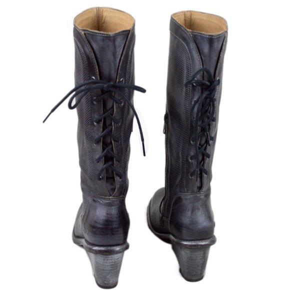 BED STU Empress Black Rustic Wedge Lace-Up Distressed Leather Tall Boots - Picture 11 of 16